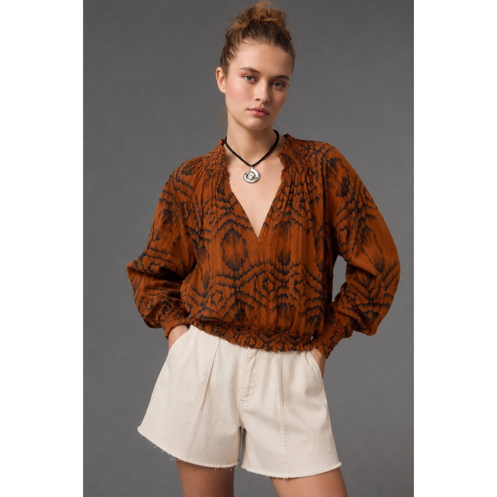 Anthropologie Porridge Rust Ikat Cotton Gauze Smocked V-Neck Blouse Top Small